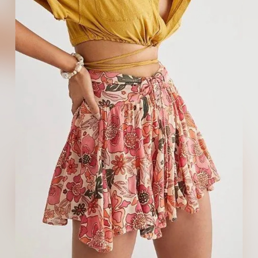 Free People Floral Circle Skirt in Pink and Green